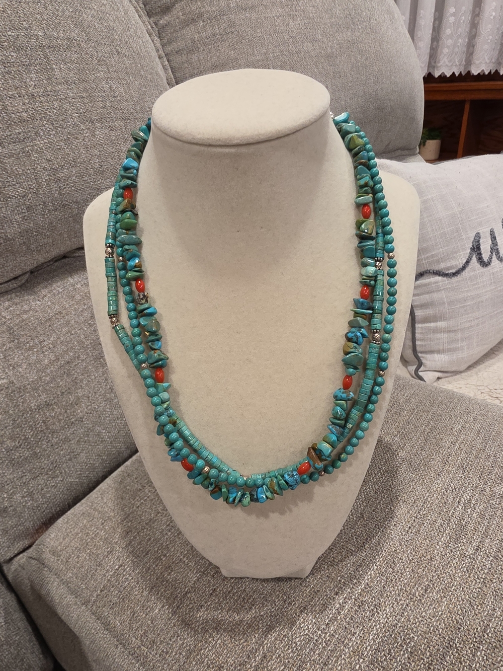 Turquoise and Coral Multi-Strand Beaded Necklace